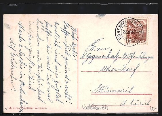 Cartoline postali: AK Wetzikon, Schloss mit Linde, 1947 – Usato da Berlin venduto da bartko-reher 1