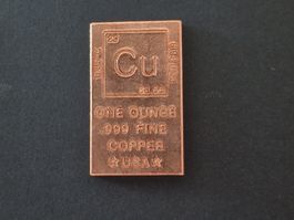 1 Oz .999 Copper bar, lingot, Elemental