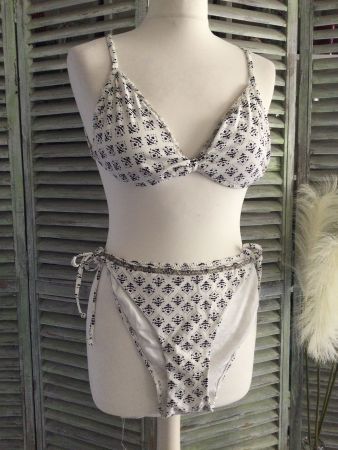 Bikini/Maillot de bain blanc, marin & perles, H40  B44, NEUF
