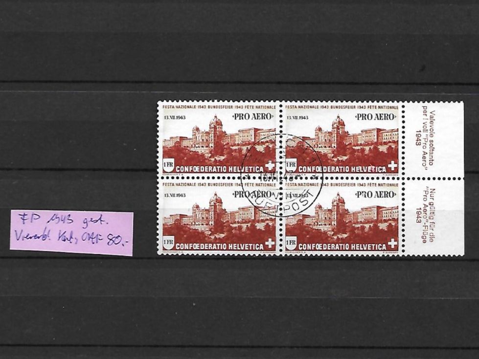 Tutti i francobolli: FP 1943 gest. Viererbl. Kat: CHF 80.- – Usato da Basel venduto da Ilp