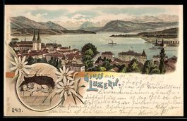 Litho Luzern, Ortsansicht mit See aus de