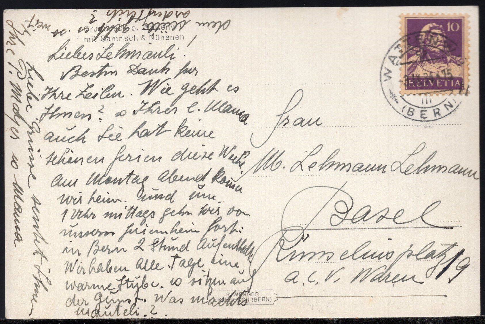 Cartoline postali: Grundbach b. Wattenwil  1924 – Usato da Aarau venduto da kufi44 2