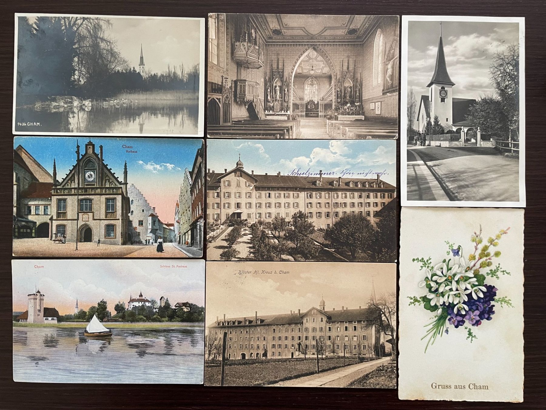 Cartoline postali: CHAM Rathaus, Kirche, Schloss, Heiligkreuz, 8 Ansichtskarten – Usato da Wald ZH venduto da TLILEF