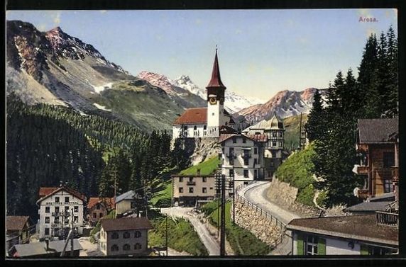 Cartoline postali: Arosa, Teilansicht mit Kirche und Gastha – Usato da Berlin venduto da bartko-reher