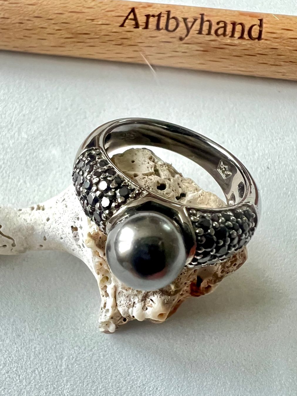Anelli: 925 Silberring mit dunkler Zucht-Perle & Pavé Besatz – Usato da Ruswil venduto da artbyhand 3