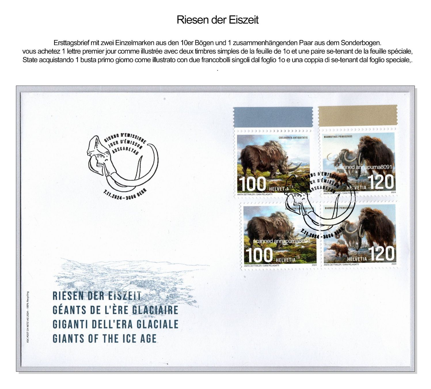 Tous les timbres: Schweiz 2024 FDC Riesen der Eiszeit - FDC Combo – Neuf (Voir description) à Pfäffikon SZ par ANNAPURNA8091