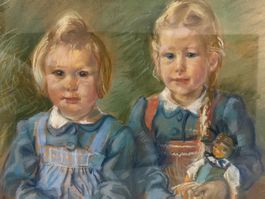 Pastellmalerei Porträt zwei Schwestern Puppe gerahmt Vintage