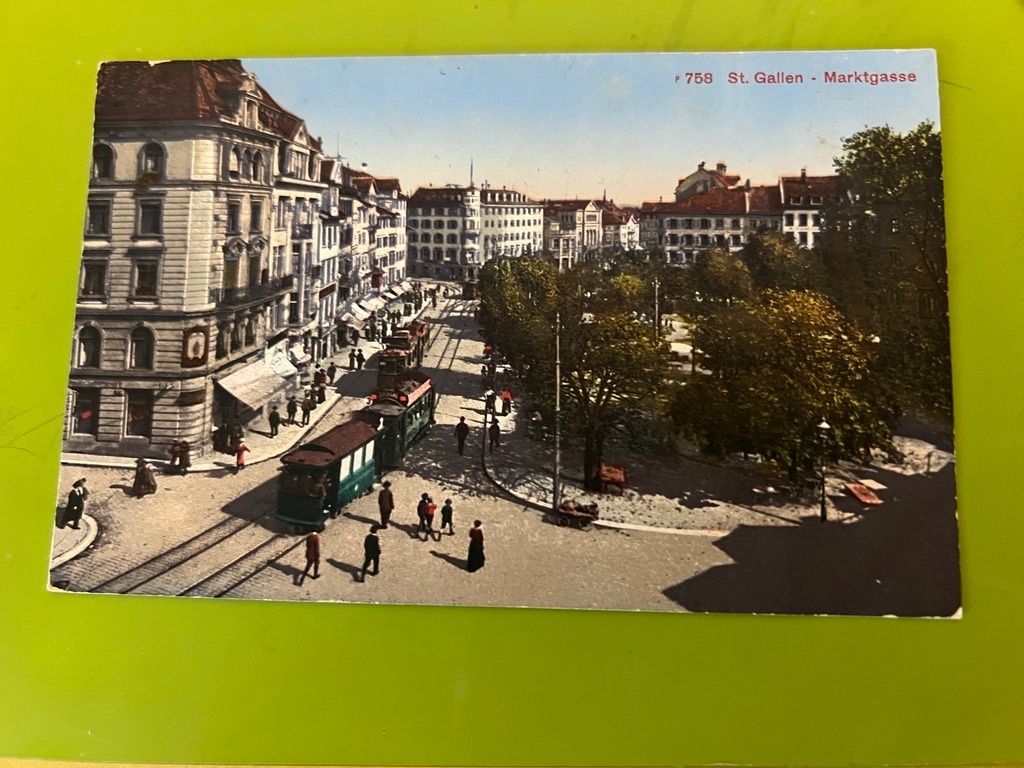 Cartoline postali: St. Gallen Marktgasse mit Tram, Stempel 1916 – Usato da Steinach venduto da Momoco