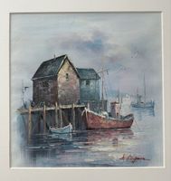 Maritimes Gemälde Hafen Boot Fischerhaus signiert Leinwand