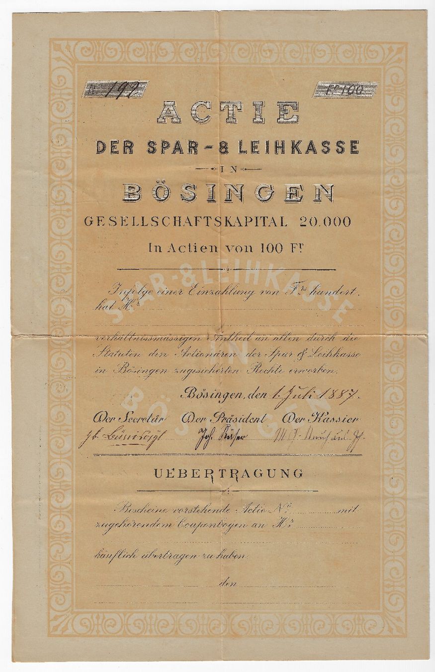Documenti: Spar- & Leihkasse Bösingen - Aktie – Usato da Balsthal venduto da Palcivalle