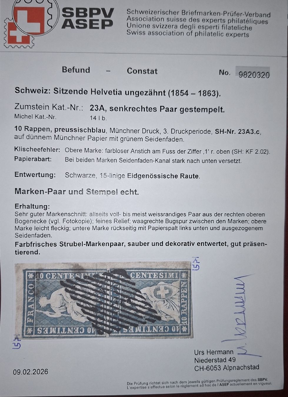 Tutti i francobolli: Strubel 23A3.c im Paar Bogenecke Gross Attest. – Usato da Balgach venduto da SIMEON27 2