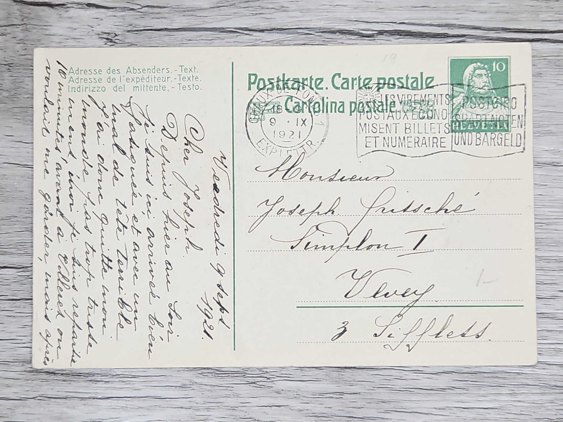 Tutti i francobolli: CL04 Carte Postale + Timbre Suisse 1921 – Usato da Cousset venduto da Patrick_Collections