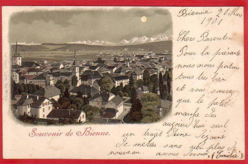 Cartoline postali: BIENNE, BIEL MONDSCHEIN - LITHO 1901 – Usato da Grüningen venduto da Kartenlaube