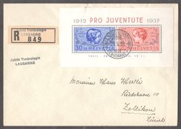 Pro Juventute Markenblock 1937 auf Einschreibebrief