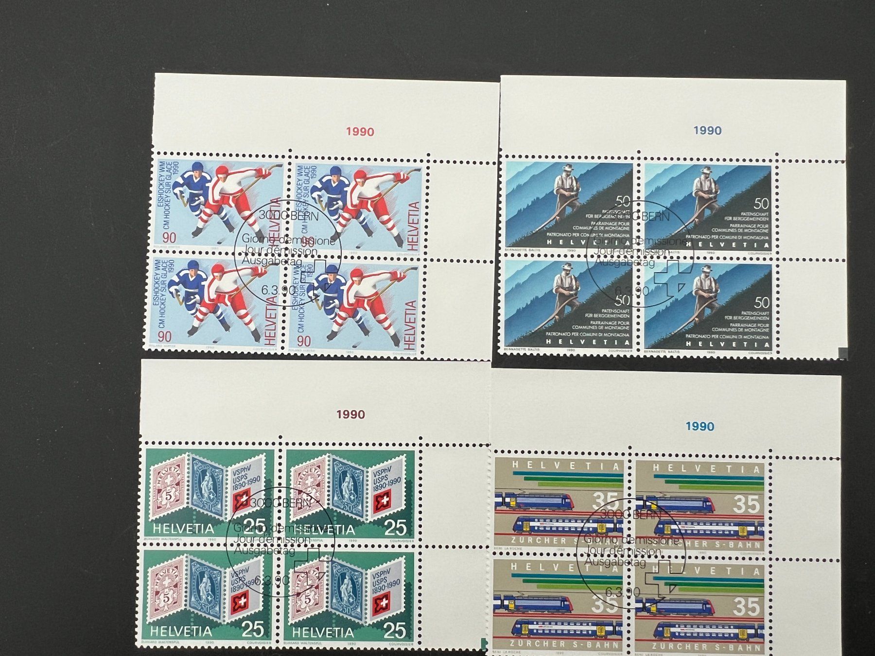 Tutti i francobolli: 1990  Erstag gest.Viererblock mit Tab (K63) – Usato da Hinwil venduto da Sidi4