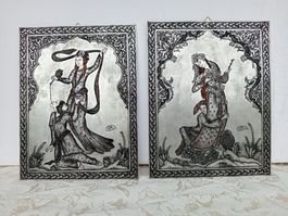 2er Set antike persische Wandbilder Kupfer Versilbert 900