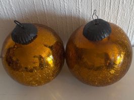 Lot de 2 boules de Noël vintage en verre  craquelé, ambré