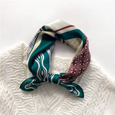 New 53cm Silk Scarf, Boho Pattern Green Brown Silk Scarf