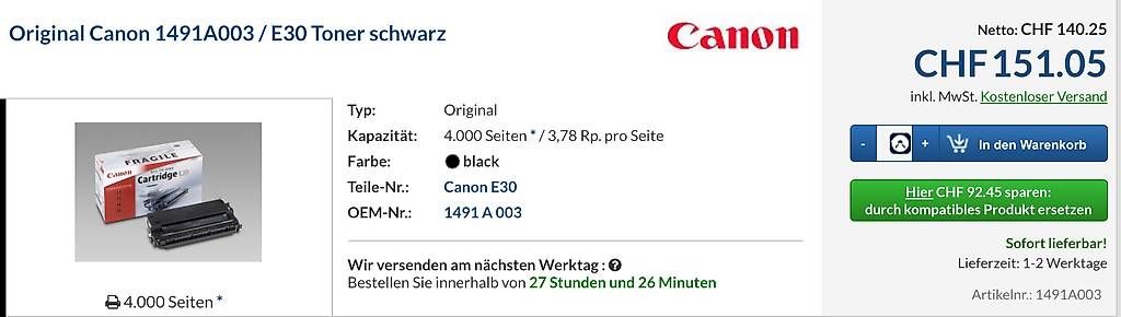 Canon Cartucce per stampanti & toner: Original Canon Toner 4000 Seiten – Nuovo (secondo la descrizione) da Wangen ZH venduto da olivia20 2