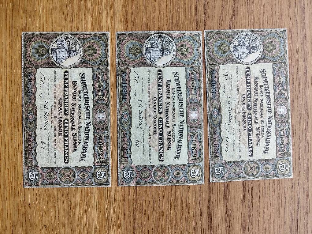 Banconote: Banknoten 5 Franken, 1947 / 1952 – Usato da Oberwangen TG venduto da danbit88 1