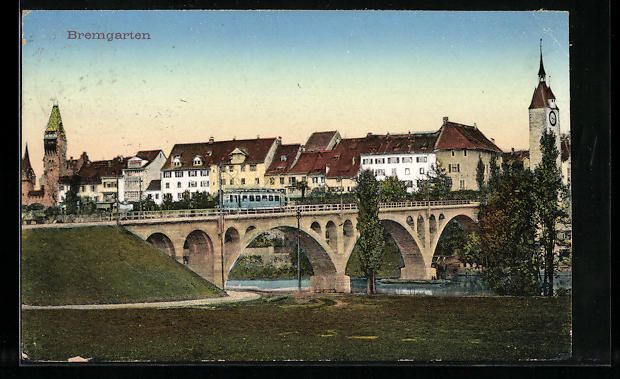 Cartoline postali: Bremgarten, Teilansicht mit Flussbrücke – Usato da Berlin venduto da bartko-reher