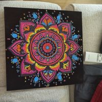 Handmade Mandala Art Canvas Black Square Colorful 30x30cm