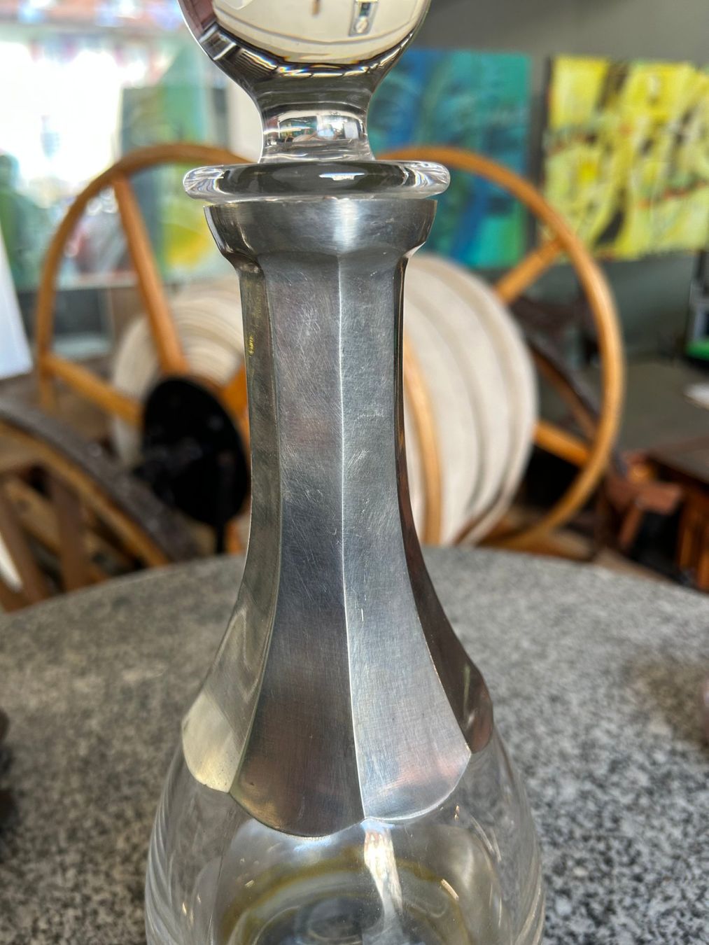 Karaffen: Jugendstil-Glaskaraffe mit Zinnmontierung, Danzing, um 1920 – Gebraucht aus Sugiez von brockicenter 1