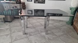 Designer Esstisch mit Glasplatte und Chrom-Gestell