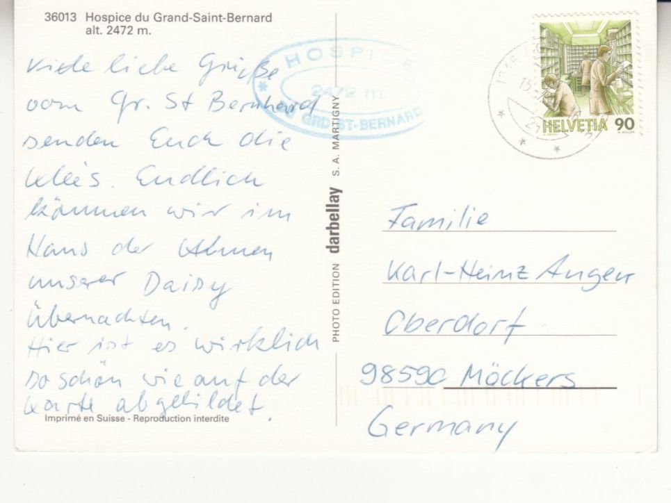 Ansichtskarten: Grand St. Bernard 1996 – Gebraucht aus Bürglen TG von StampGraf 1