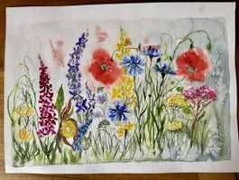 Blumen Aquarell Bild, Sommerwiese, Handgemalt, Unikat