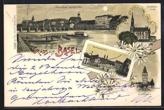 Cartes postales: Litho Basel, Gross-Basel und die Fähre, – D'occasion à Berlin par bartko-reher