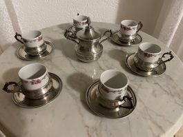 Espressotassen Set mit Kanne Silber Metall Floral