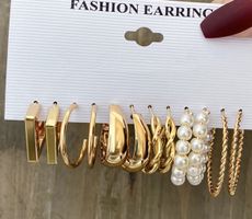 Fashion Jewelry Set Gold Tone Pearl Hoops New 7 Piece