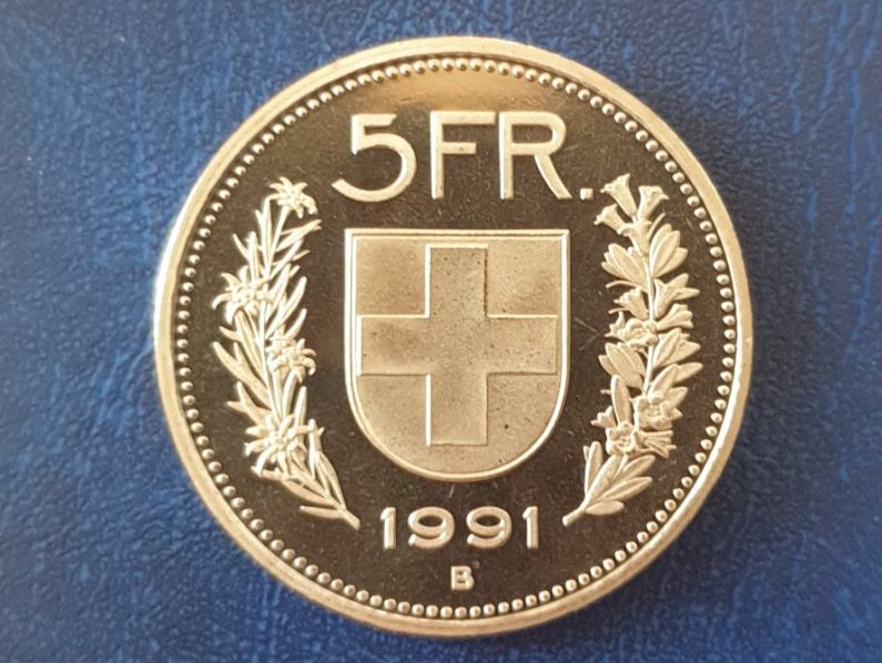 Tutti le monete: 5.- Franken 1991 stgl. – Nuovo (secondo la descrizione) da Biel/Bienne venduto da underdogs