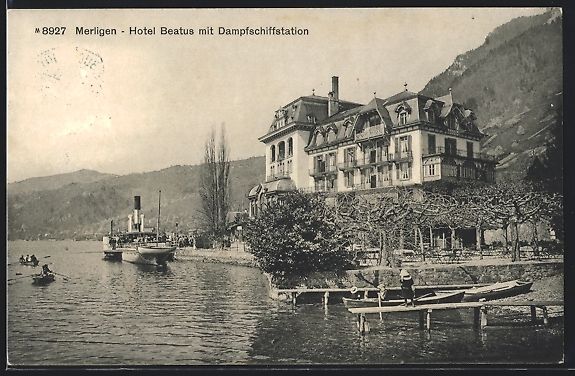 Cartoline postali: Merligen, Hotel Beatus mit Dampfschiffst – Usato da Berlin venduto da bartko-reher