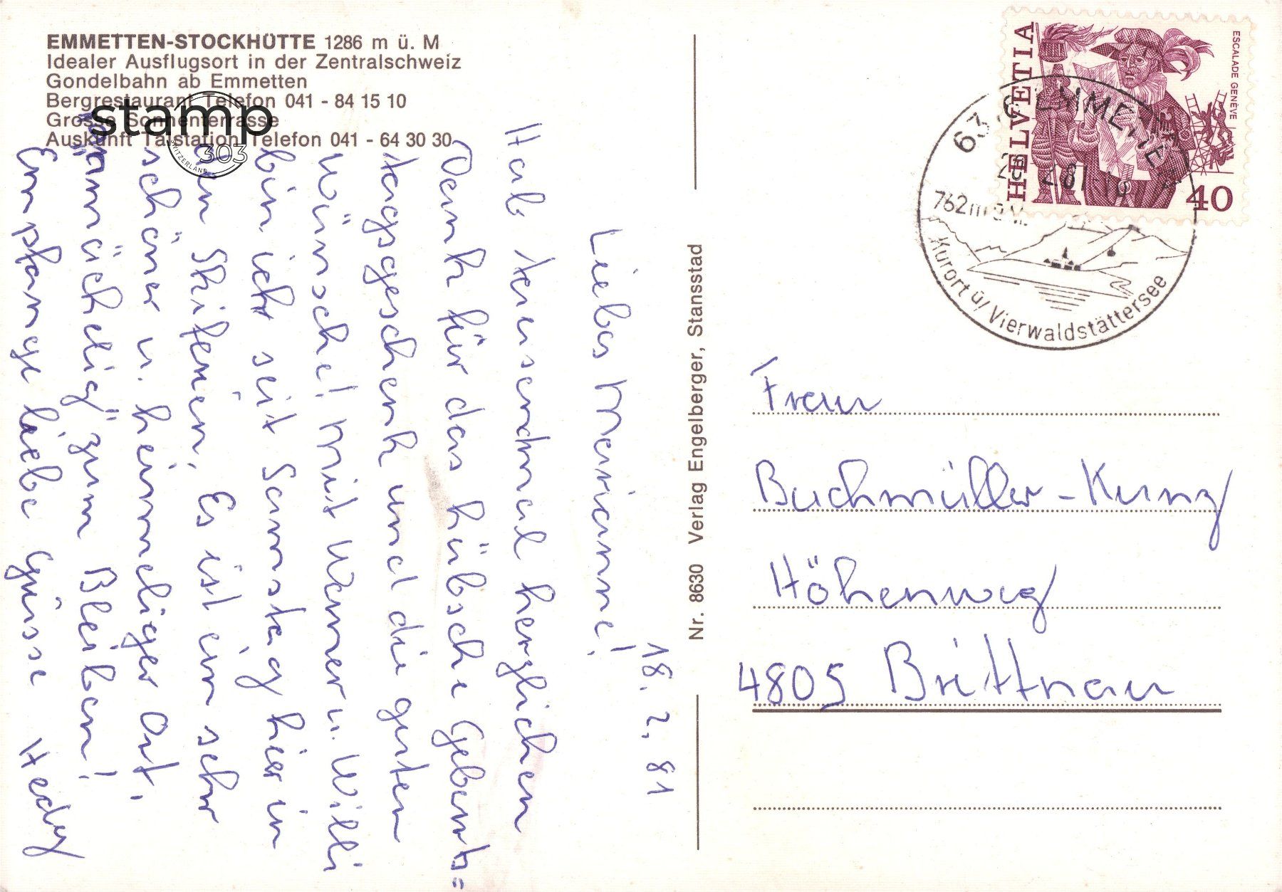 Cartoline postali: 1981 AK Emmetten-Stockkütte – Usato da Eggersriet venduto da stamp303 1