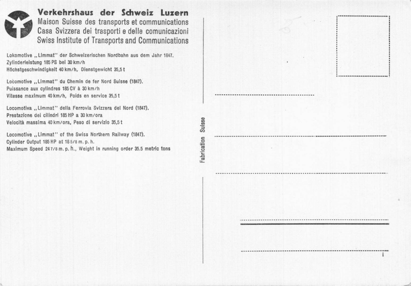 Cartoline postali: Lok "Limmat" Schweizerische Nordbahn 1847 – Usato da Luzern venduto da Kartenansicht 1