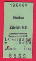 KARTON BILLETT, DIETIKON - ZÜRICH HB, 1.KLASSE, RETOUR