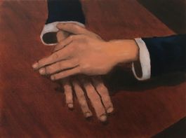 Hände auf holzigem Tisch (Öl auf Leinwand, 2021)