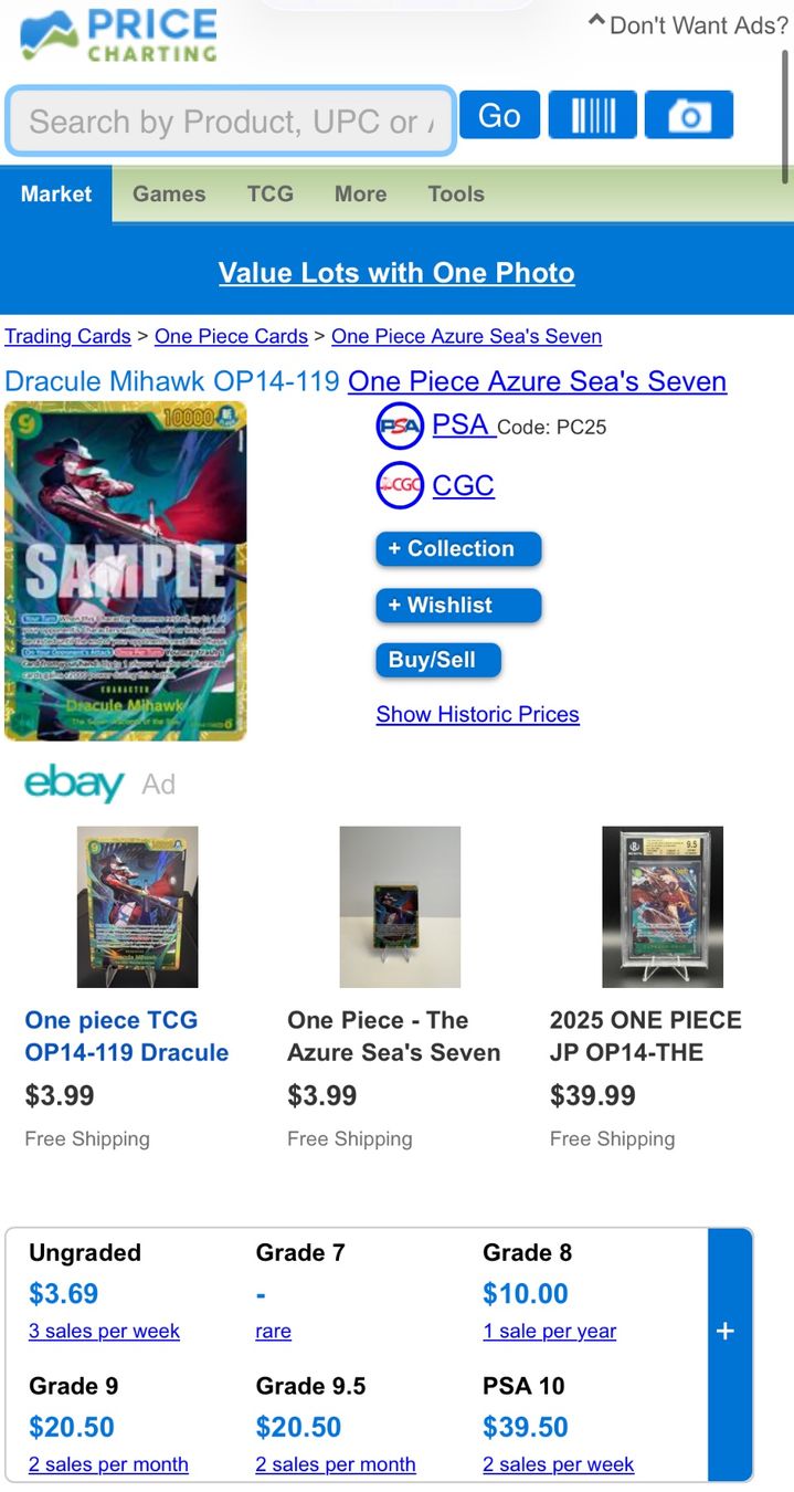 Bandai Carte collezionabili: Dracule Mihawk OP14-119 SEC - SG 10 - Gem Mint - FR – Nuovo (secondo la descrizione) da Chêne-Bougeries venduto da Carte-Sauvage 2