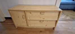 Meuble bas en bois massif clair 90 cm, porte et 2 tiroirs