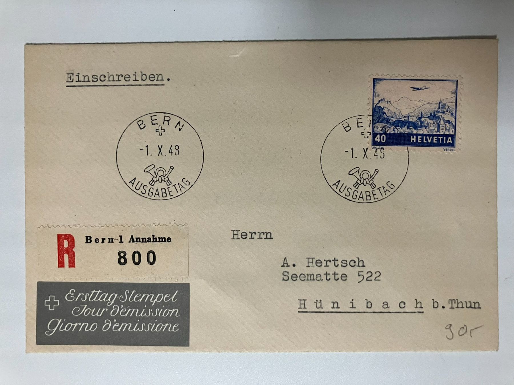 Alle Briefmarken: Flugpost 1948, 40c auf FDC deutsch. Kat. 44 – Gebraucht aus Würenlos von Eulenpostuhu