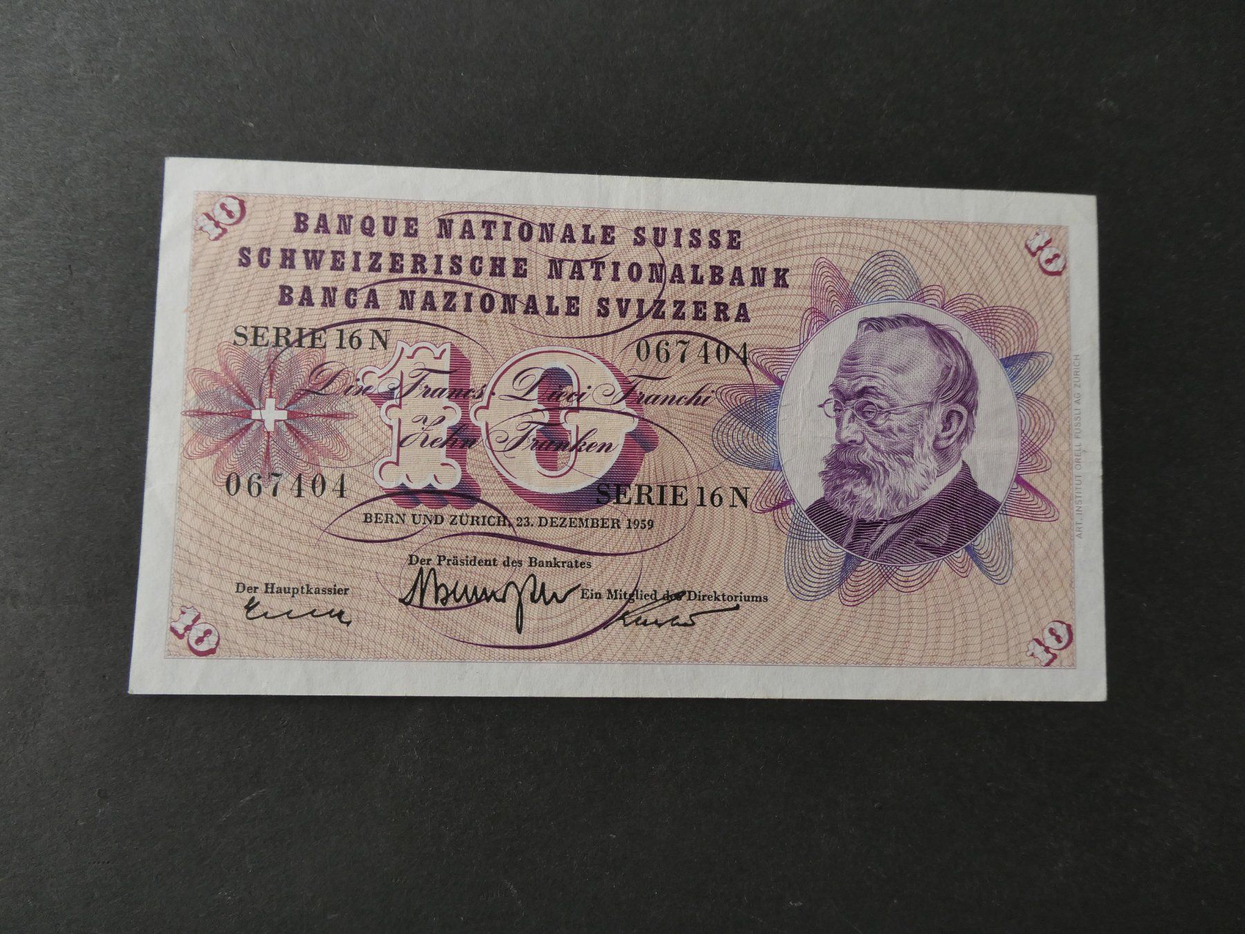 Banknoten: Schweiz 1959, 10 Franken – Gebraucht aus Hinterforst von Rohusri