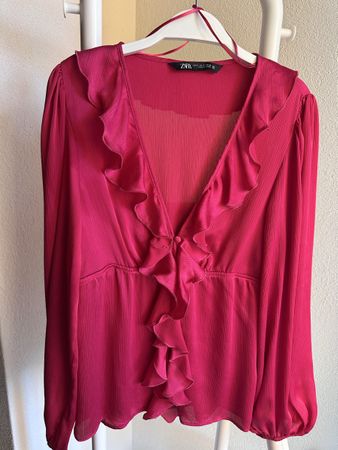 Zara elegante Bluse Rosa mit Rüschen V-Ausschnitt Gr. S