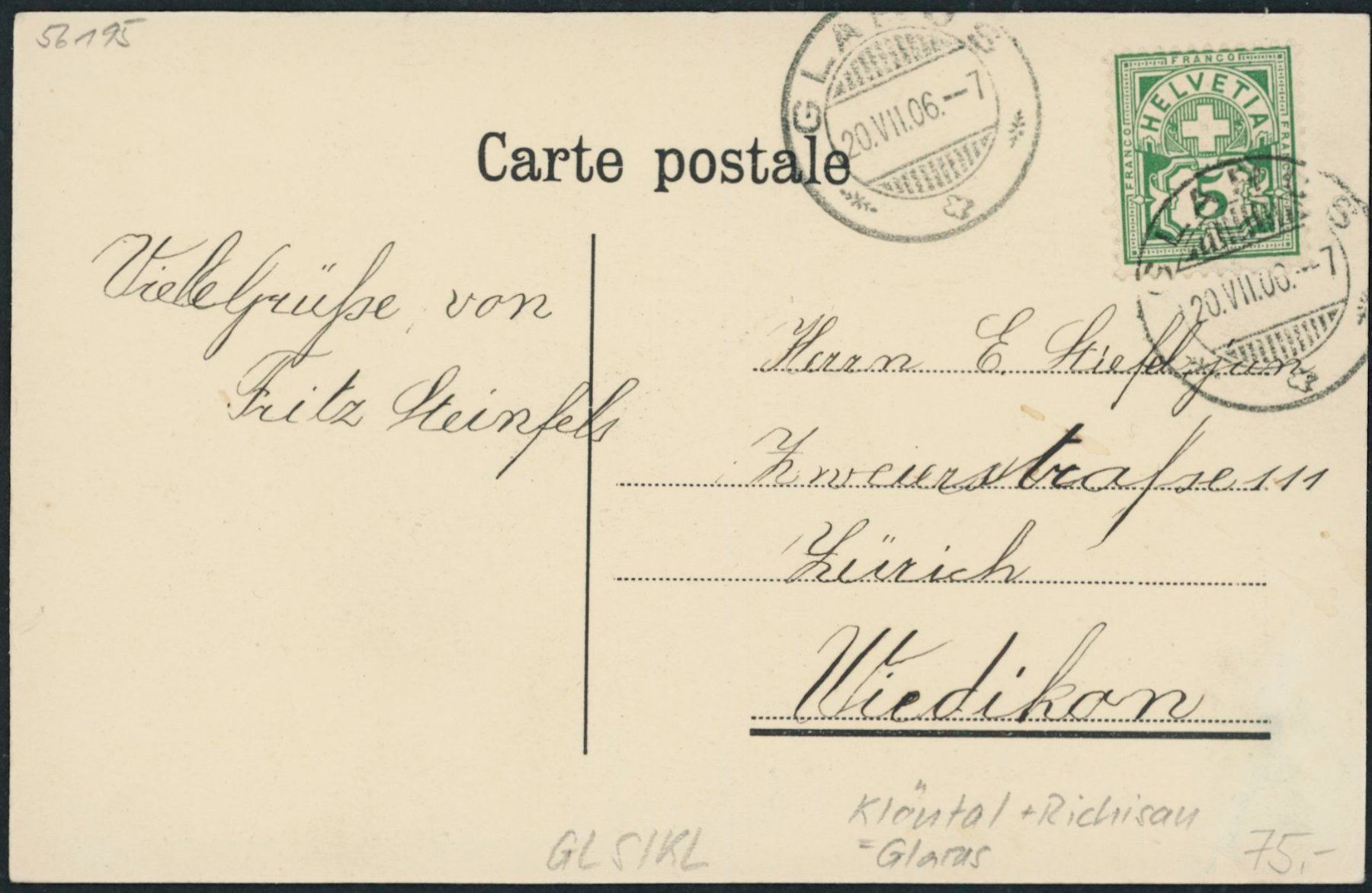 Cartoline postali: GLS Klönthal - Richisau - Glarus – Usato da Schindellegi venduto da stationary 1