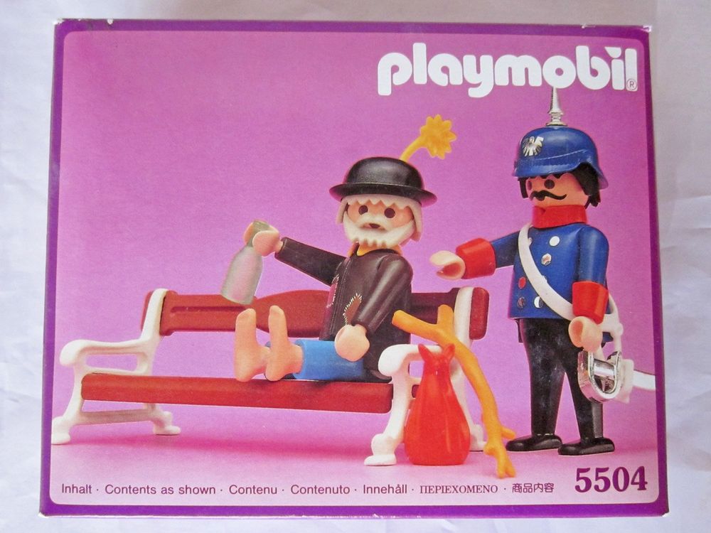 Playmobil 5504 Victorian Hobo on a Bench And Policeman 1990 new in sealed box