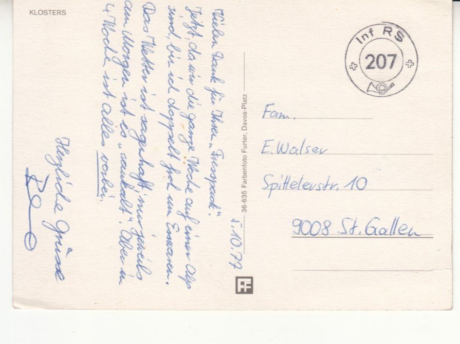 Cartoline postali: Klosters 1977 – Usato da Bürglen TG venduto da StampGraf 1