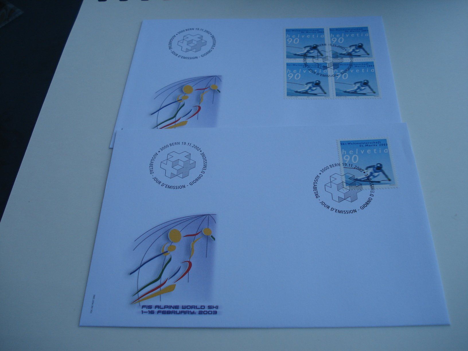 Alle Briefmarken: Marke Ski-WM St Moritz 2002, FDC Einzel + 4erblock, 2 Be – Gebraucht aus Niederwil AG von morostahu 1