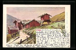 Künstler-AK Zinal, Gebäude am Berg