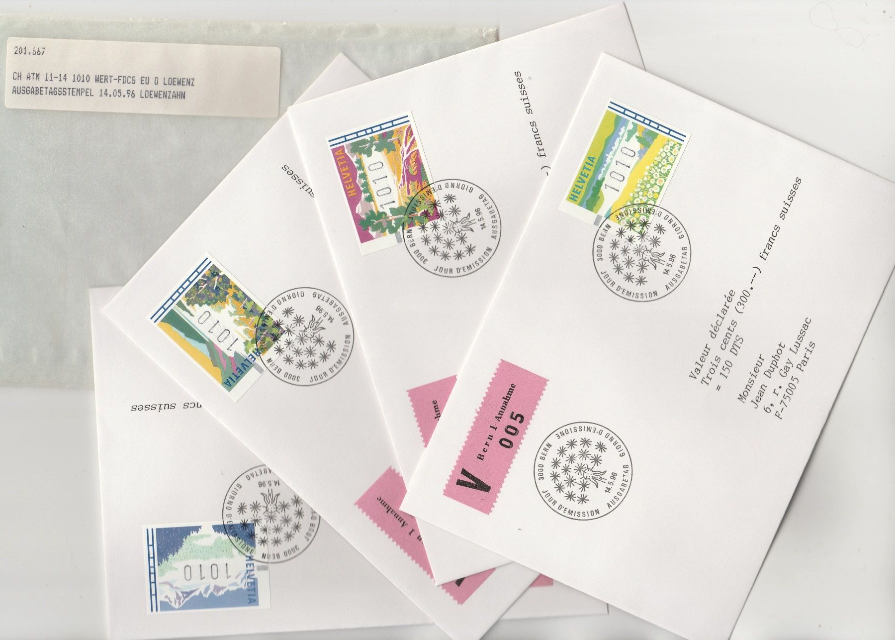 Alle Briefmarken: ATM Nr. 11 - 14 FDC 4x hochfrankiert mit 1010 – Gebraucht aus Oberglatt ZH von Wiedmi6